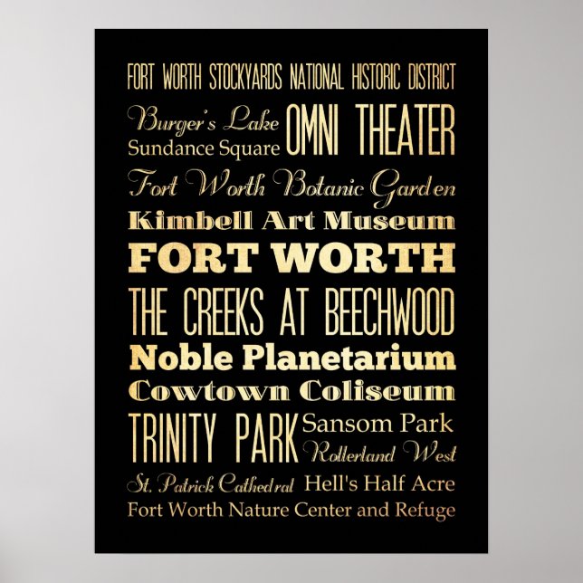 Póster Atracciones y famosos lugares de Fort Worth, Texas (Frente)