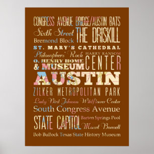 Póster Atracciones y lugares famosos de Austin, Texas.