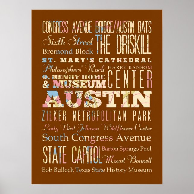 Póster Atracciones y lugares famosos de Austin, Texas. (Frente)