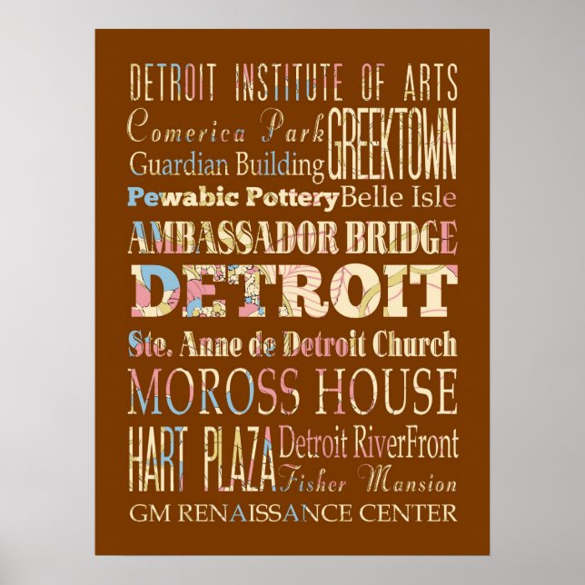 Póster Atracciones y lugares famosos de Detroit, Michigan (Frente)