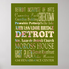 Póster Atracciones y lugares famosos de Detroit, Michigan