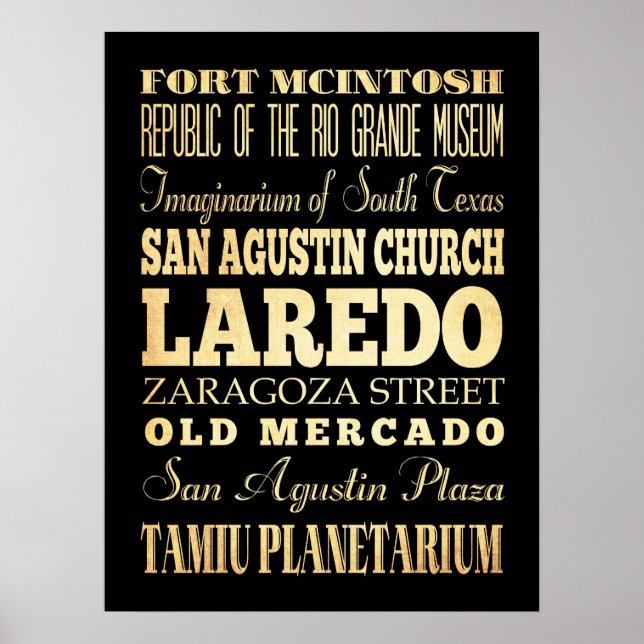 Póster Atracciones y lugares famosos de Laredo, Texas (Frente)