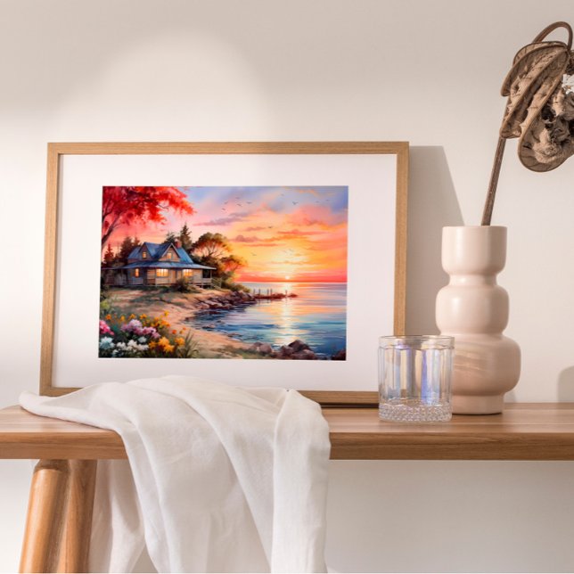 Póster Atractivo paisaje marino de cabaña Tranquila puest (Indulge in coastal haven's serene beauty with a captivating digital oil painting. )