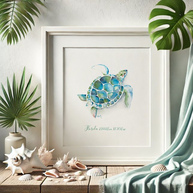 Póster Atractivo Turquesa Azul Acuarela Mar Turquesa (Florida beach pictures watercolor sea turtle art by Victoria Grigaliunas of Do Tell A Belle)