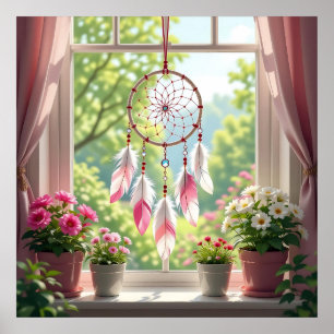 Póster Atrapa sueños rosa bonito y plantas en el alféizar