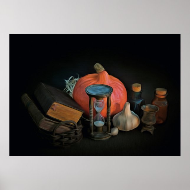 Póster Atributos de Halloween preparados en una tabla (Frente)