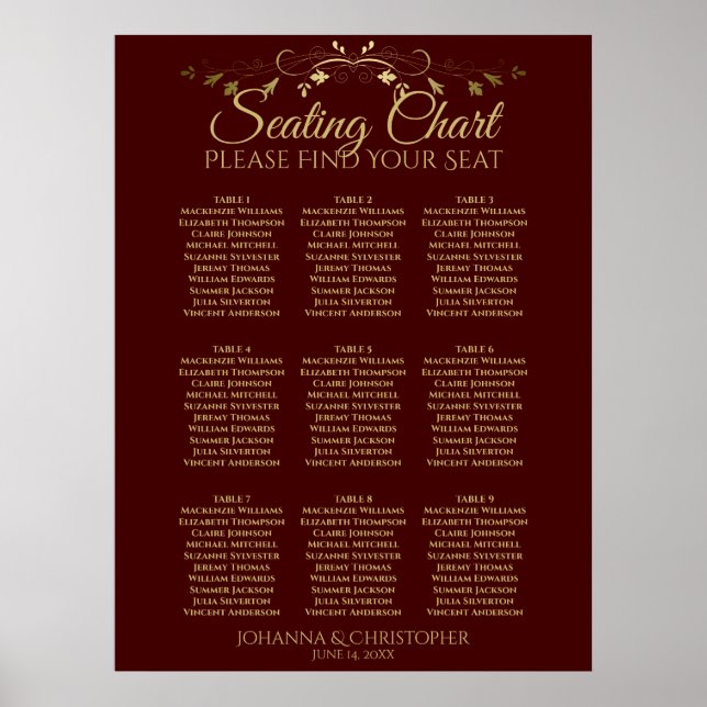 Póster Auburn Brown & Gold 9 Tabla Boda de asientos (Frente)