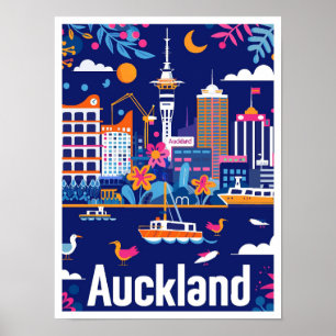 Póster Auckland Ilustracion de Viajes de Nueva Zelanda