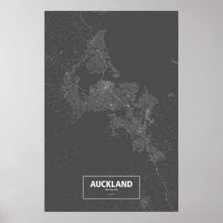 Póster Auckland, Nueva Zelanda (blanco sobre negro)