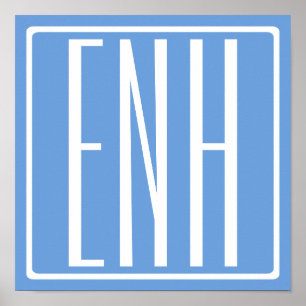 Póster Audaz Monograma Moderno 3 Iniciales   Azul suave