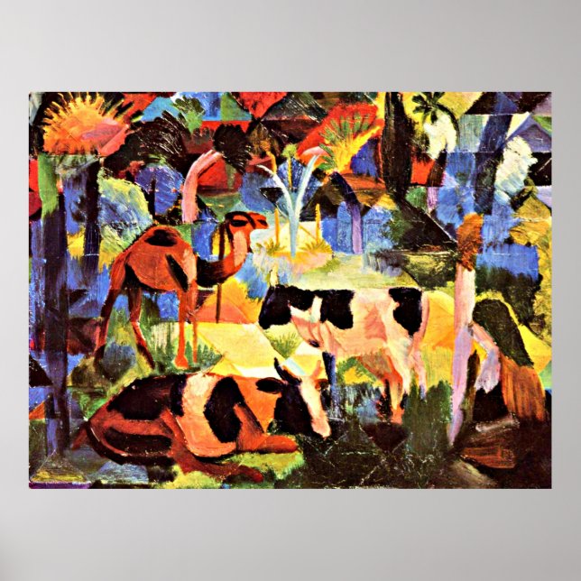 Póster August Macke - Paisaje con vacas y un camello (Frente)