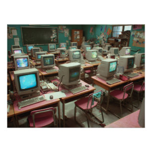 Póster Aula de laboratorio de computadoras retro verde az
