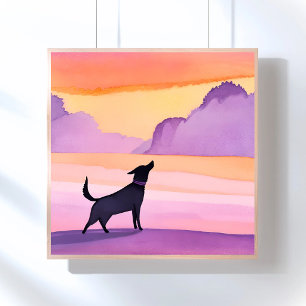Póster Aullido de Perro Silueta de Perro Negro Acuarela