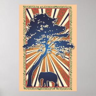 Póster Aumento de Sun del elefante de la paz del árbol