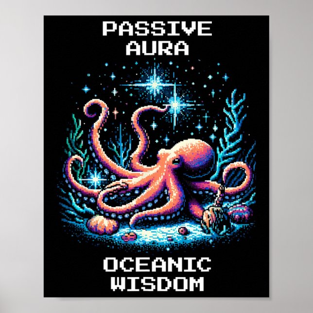 Póster Aura de Sabiduría Oceánica Píxel Pulpo Estilo Juga (Frente)
