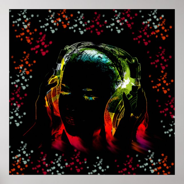 Póster Auriculares de música chica Auriculares de colores (Frente)
