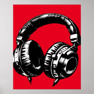Póster Auriculares de Música Negros Baile DJ