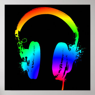 Póster Auriculares Esténcil de arcoiris Rótulo Poster de 
