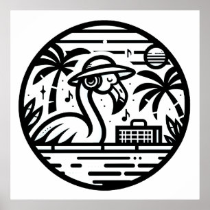 Póster Auriculares Flamingo en blanco y negro y tropicale