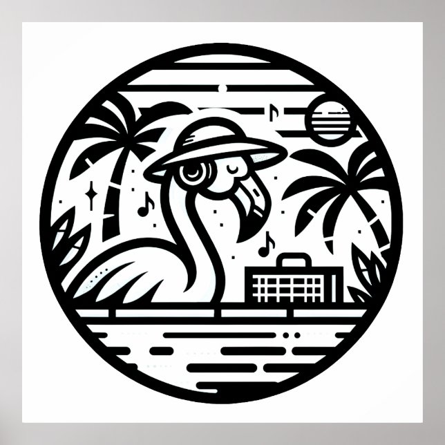 Póster Auriculares Flamingo en blanco y negro y tropicale (Frente)