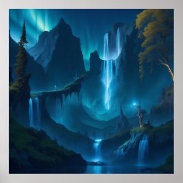 Póster Aurora azul y dorada muy bonita y detallada