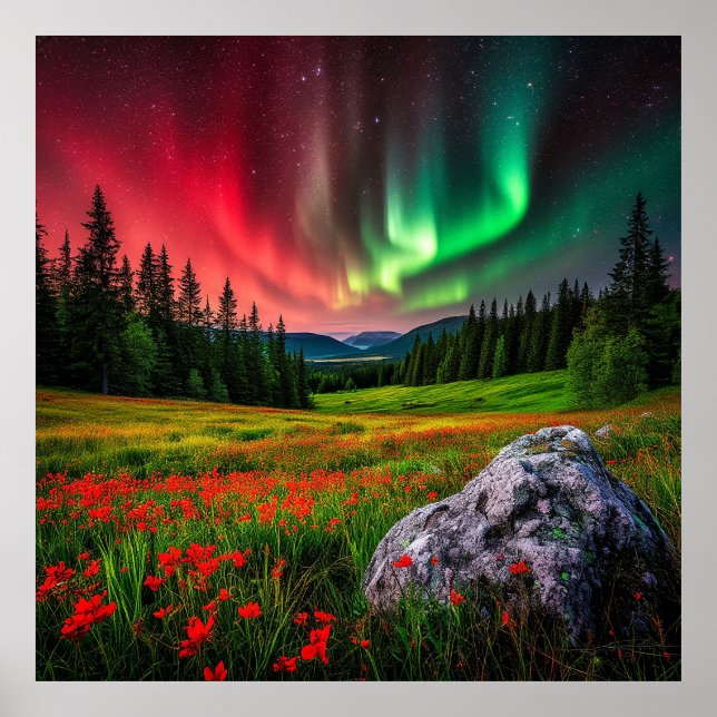 Póster Aurora Boreal Iluminando un Prado Escénico (Frente)