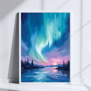 Póster Aurora Boreal Invierno Acuarela