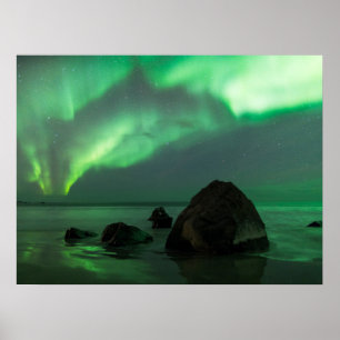 Póster Aurora boreal Playa Lofoten Noruega