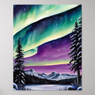 Póster Aurora boreal sobre bosque nevado, pinos, paisaje