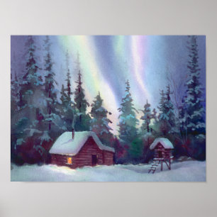 Póster AURORA BOREAL y CABAÑA DE MADERA de SHARON SHARPE