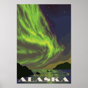 Póster Aurora boreal y orcas - Anchorage, Alaska