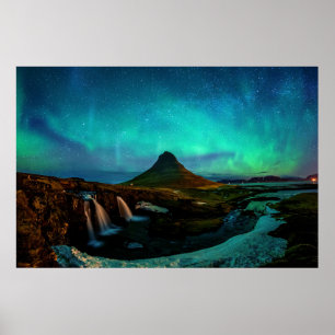 Póster Aurora Borealis En La Montaña Kirkjufall En Island