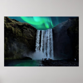 Póster Aurora Borealis En Waterfall Skógafoss, Islandia