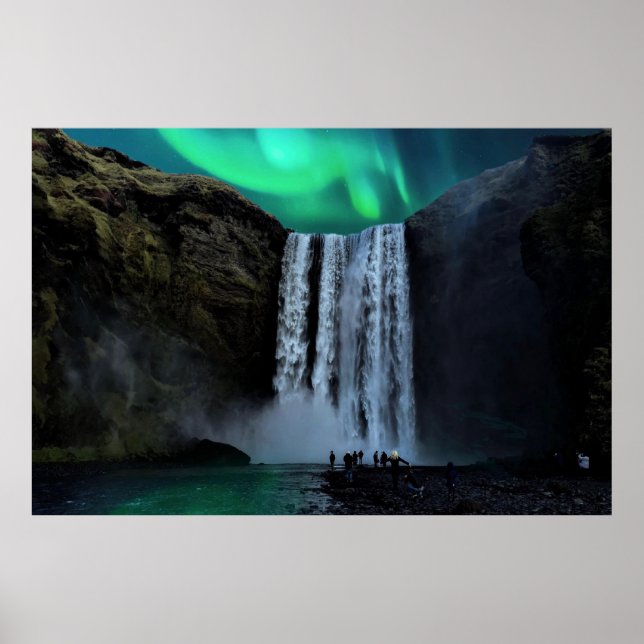 Póster Aurora Borealis En Waterfall Skógafoss, Islandia (Frente)