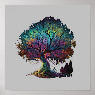 Póster Aurora Borealis Ilustracion de árbol iluminado T-S