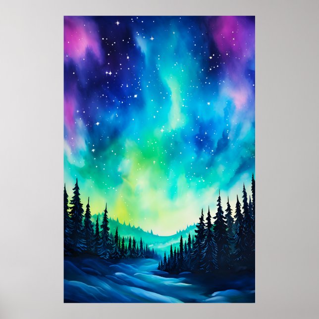 Póster Aurora borealis luces del norte acuarela (Frente)