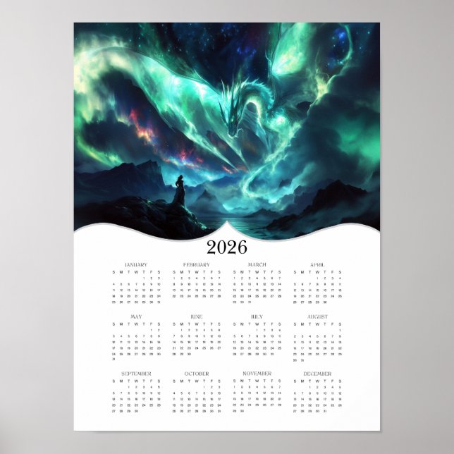 Póster Aurora Dragon 2026 Fantasy Art Calendario de año c (Frente)