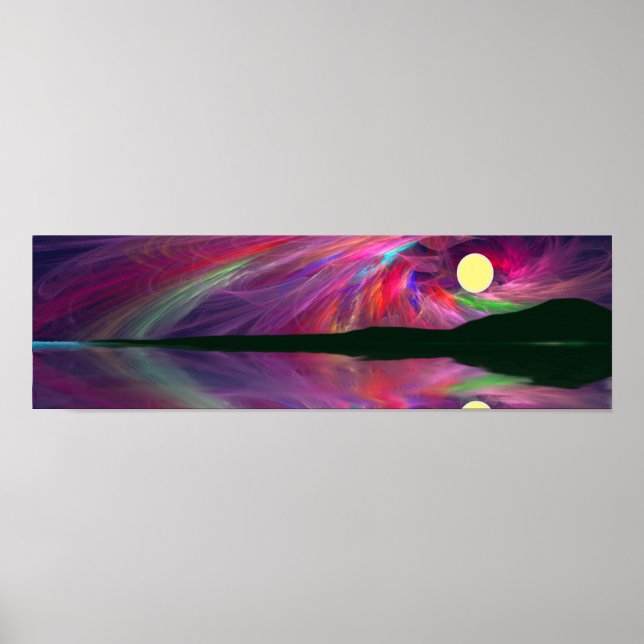 Póster Aurora Luna Llena en el océano y las montañas (Frente)