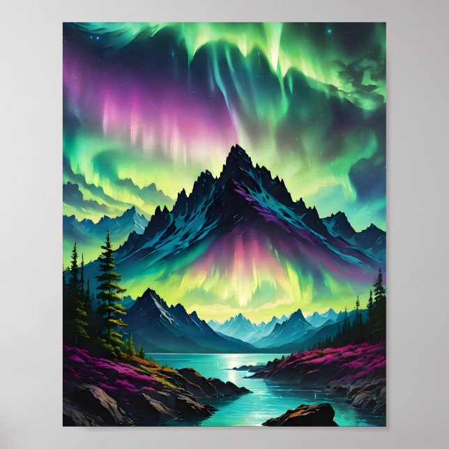 Póster Aurora sobre el lago de montaña (Frente)