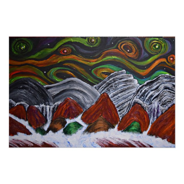 Póster Aurora sonriente sobre arroyos de montaña (Anverso)