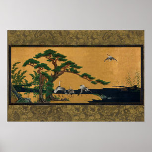 Póster Auspicious pine, bamboo, plum, crane, and turtles