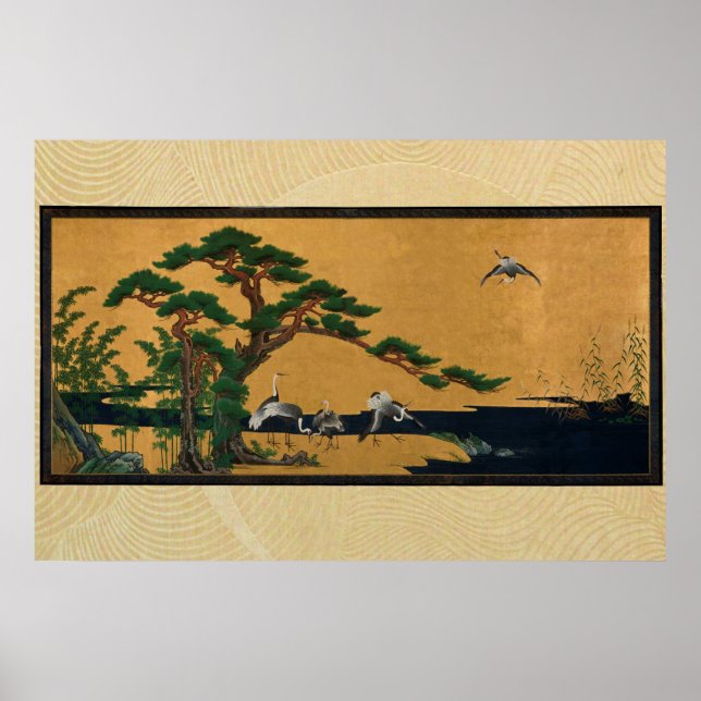 Póster Auspicious pine, bamboo, plum, crane, and turtles (Frente)