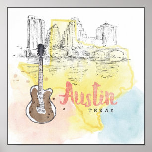 Póster Austin, bosquejo de la acuarela de Tejas el  