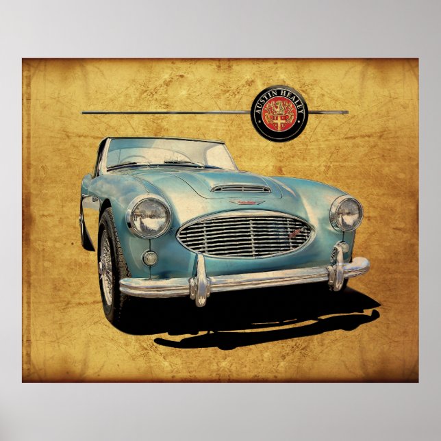 Póster Austin Healey 3000 azul sobre blanco (Frente)
