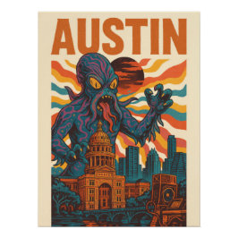Póster Austin Sci-Fi Monster Cityscape Art - Kaiju