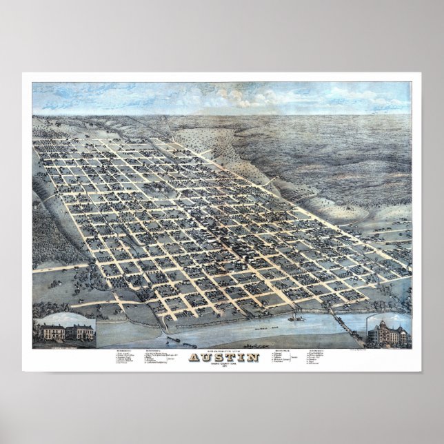 Póster Austin, Texas Antique Aerial City Map de 1873 (Frente)