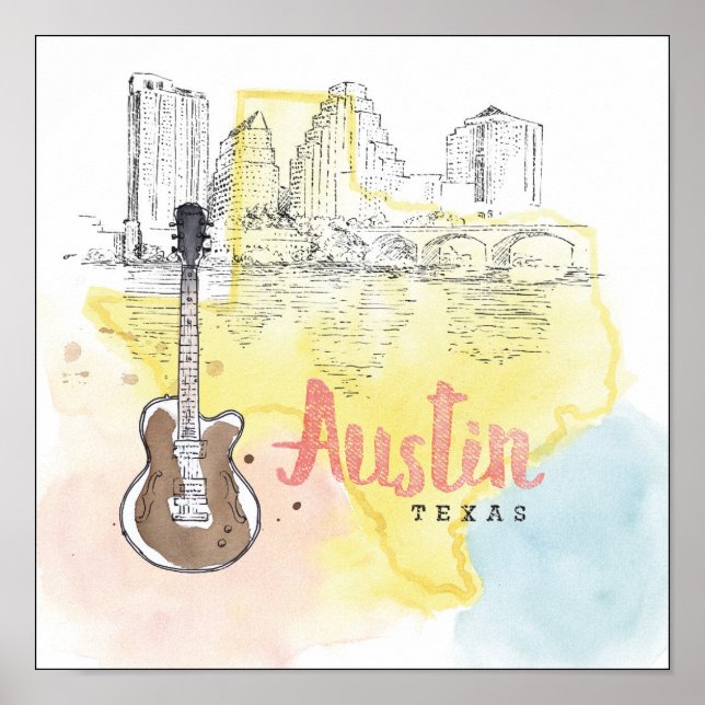 Póster Austin, Texas | Esbozo acuarela (Frente)