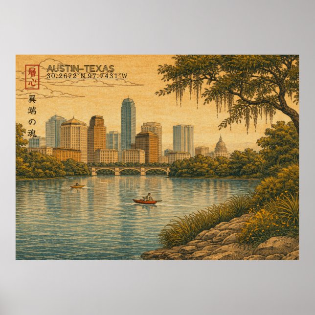 Póster Austin Texas Skyline in Japanese Ukiyo-e (Frente)