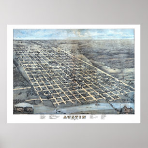 Póster Austin, TX Mapa Panorámico DIGITALMENTE REMASTADO