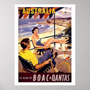 Póster Australia, couple enjoy on terrace, vintage travel